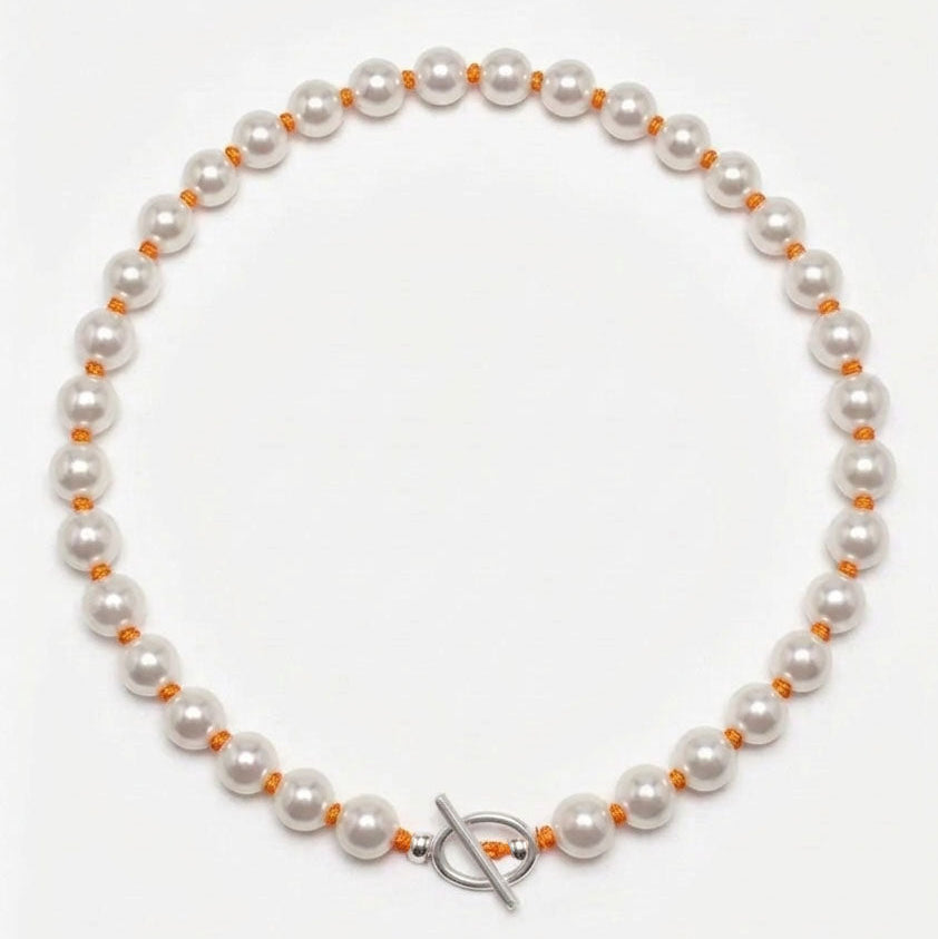 White Pearl Necklace Orange Knots - Austrian Crystal