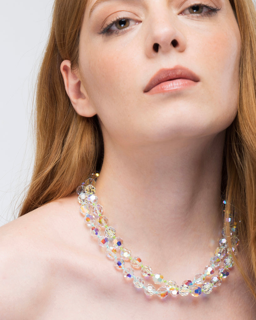 large crystals iridescent beads necklaces. Vogue style.