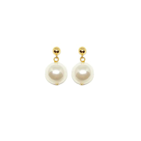 Gold post drop pearl earrings in white