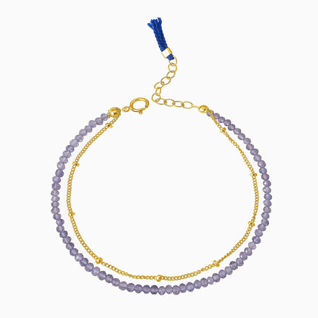 iolite violet beads gold bracelet with tassel