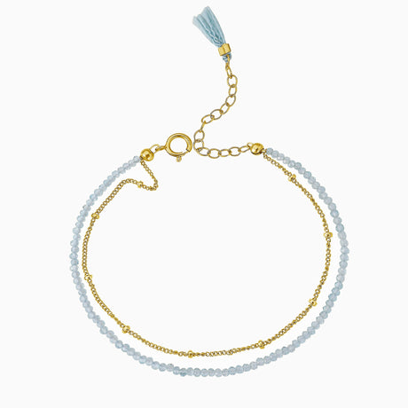 Aquamarine beads gold chain bracelet with silk tassel. adjustable