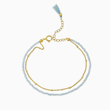 Aquamarine beads gold chain bracelet with silk tassel. adjustable