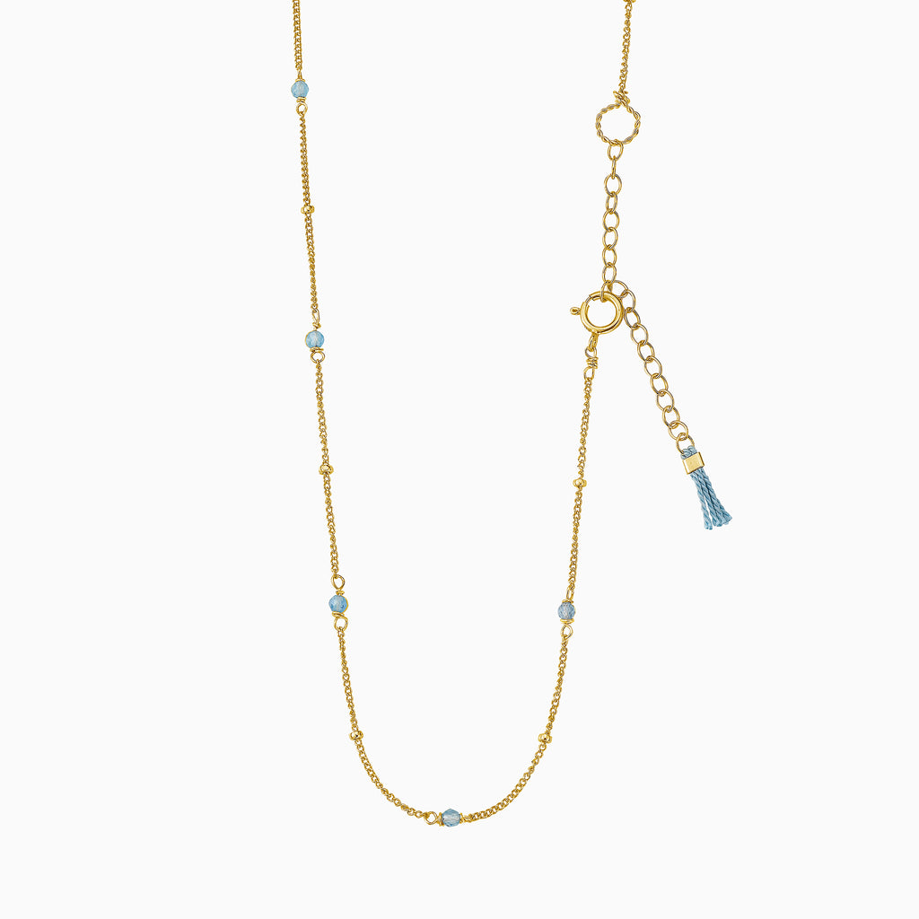 Satellite aquamarine bead necklace with silk blue tassel
