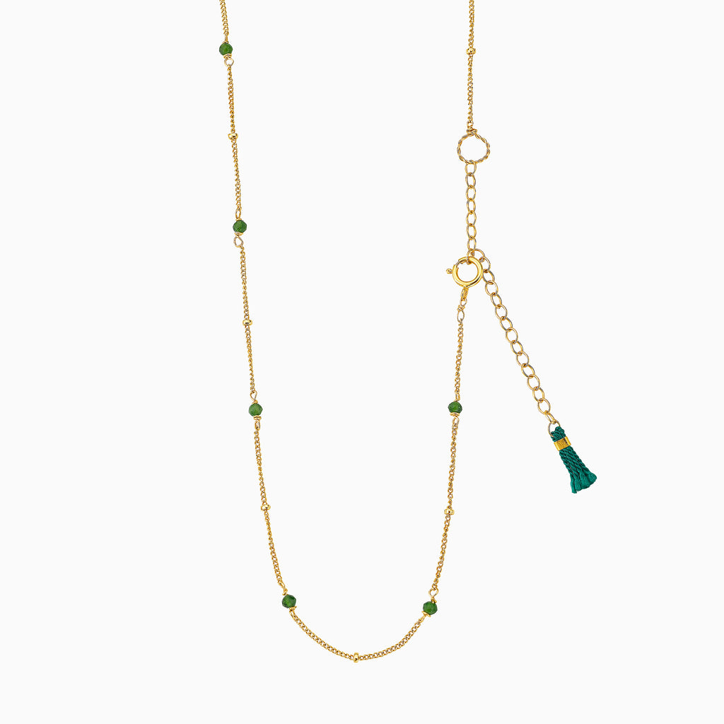 emerald green satellite gold necklace with tassel