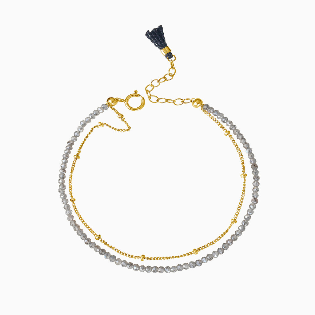 labradorite grey beads gold bracelet with tassel