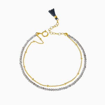 labradorite grey beads gold bracelet with tassel