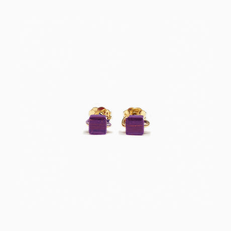 Gold filled stud earrings with amethyst-colored cube-shaped Austrian crystals