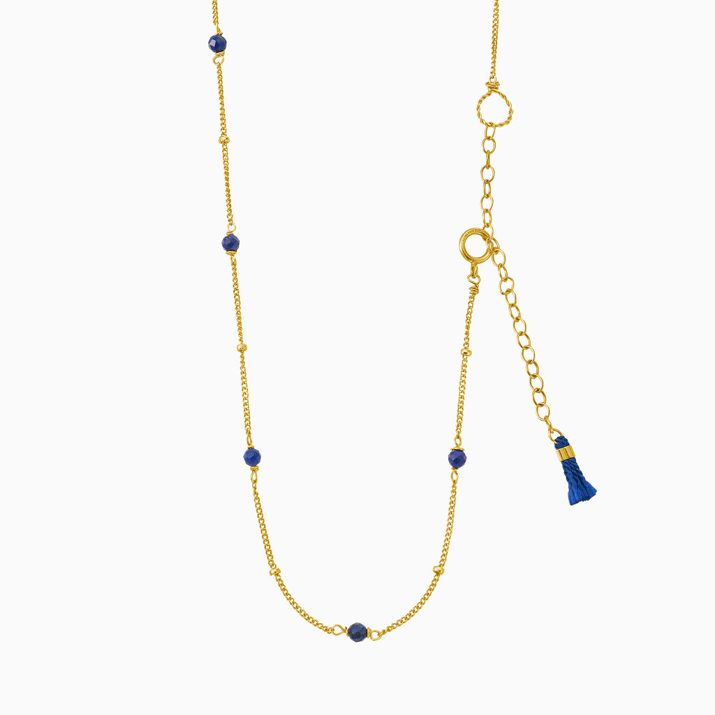 Lapis lazuli blue satellite beads gold necklace silk tassel by Desideri design