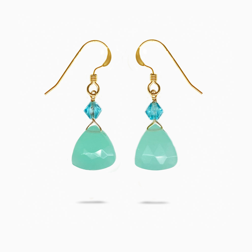 Aqua color Chalcedony and crystals gold drop earrings. Summer perfect look.