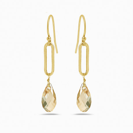 Elegant gold dangle earrings with elongated oval link and faceted citrine teardrop gemstone