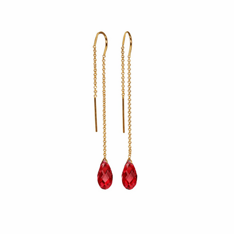 14K Gold chain earrings with red teardrop-shaped crystals. Valentine gift ideas
