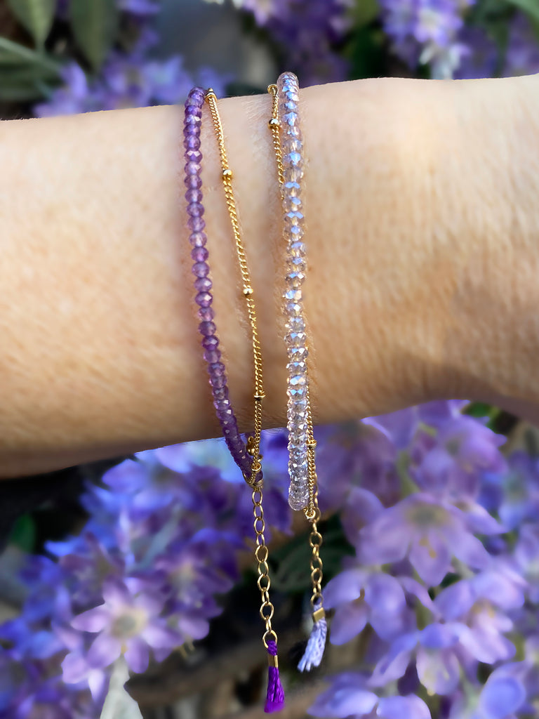 Dark amethyst and Lavender irconia gold bracelets by Desideri design