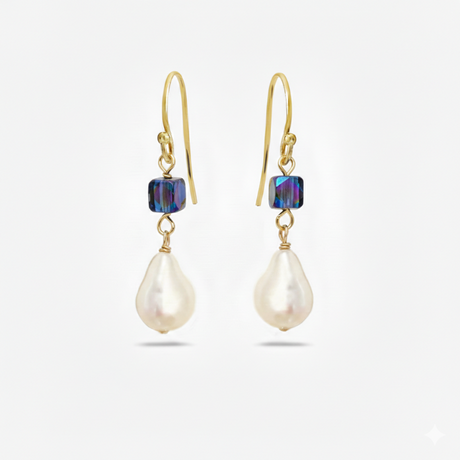metallic blue cube pearl earrings organic shaped baroque pearls