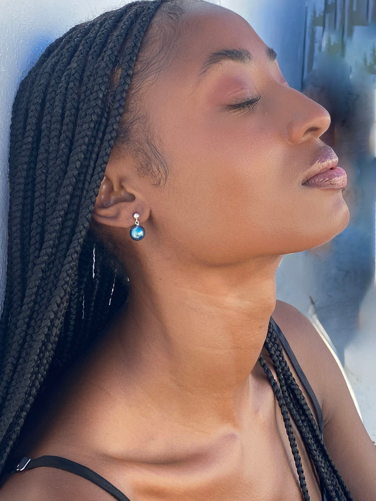 deep green pearl earrings on gold or silver post by desideri design