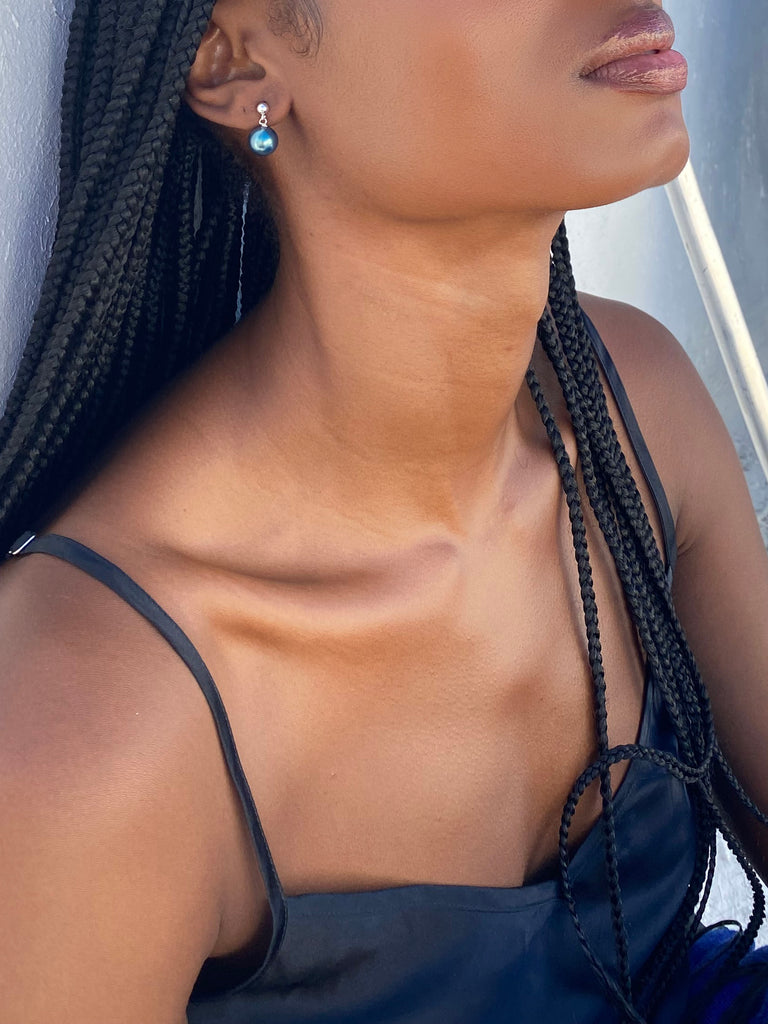 silver post forest green drop pearl earrings