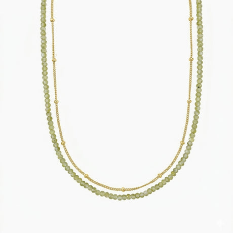 peridot beads necklaces with gold layering chain