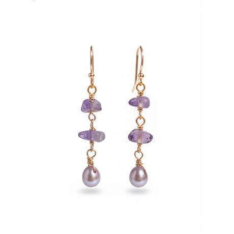 Amethyst and pearls dangling earrings in rose gold