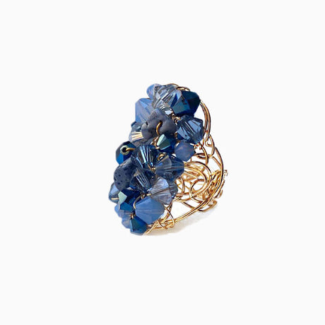 Coral blue ring with denim blue crystals on gold band