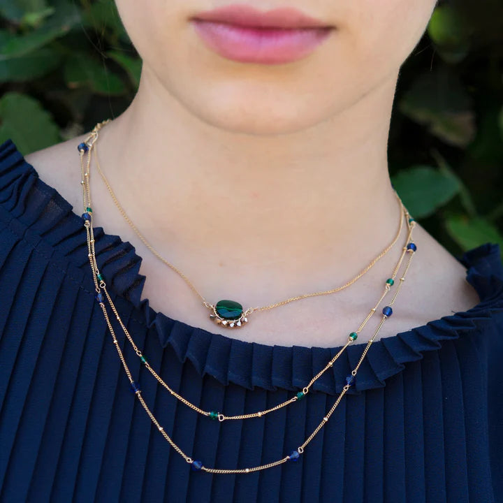 layering with satellite necklaces. blue and green crystals