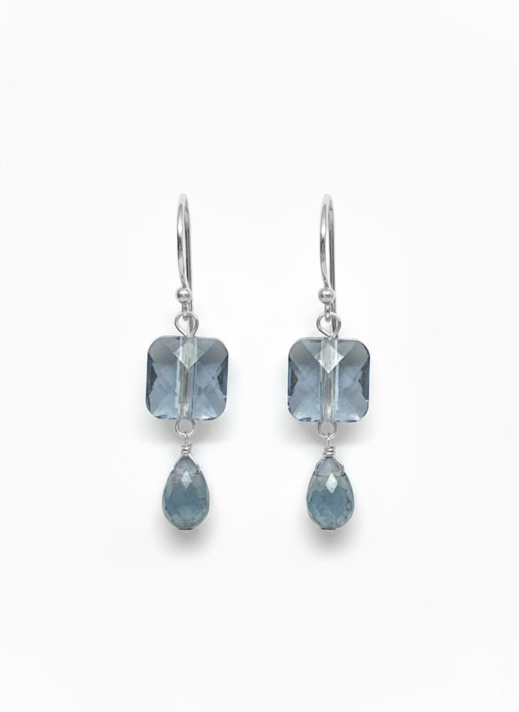 Silver blue crystals and labradorite dangling earrings