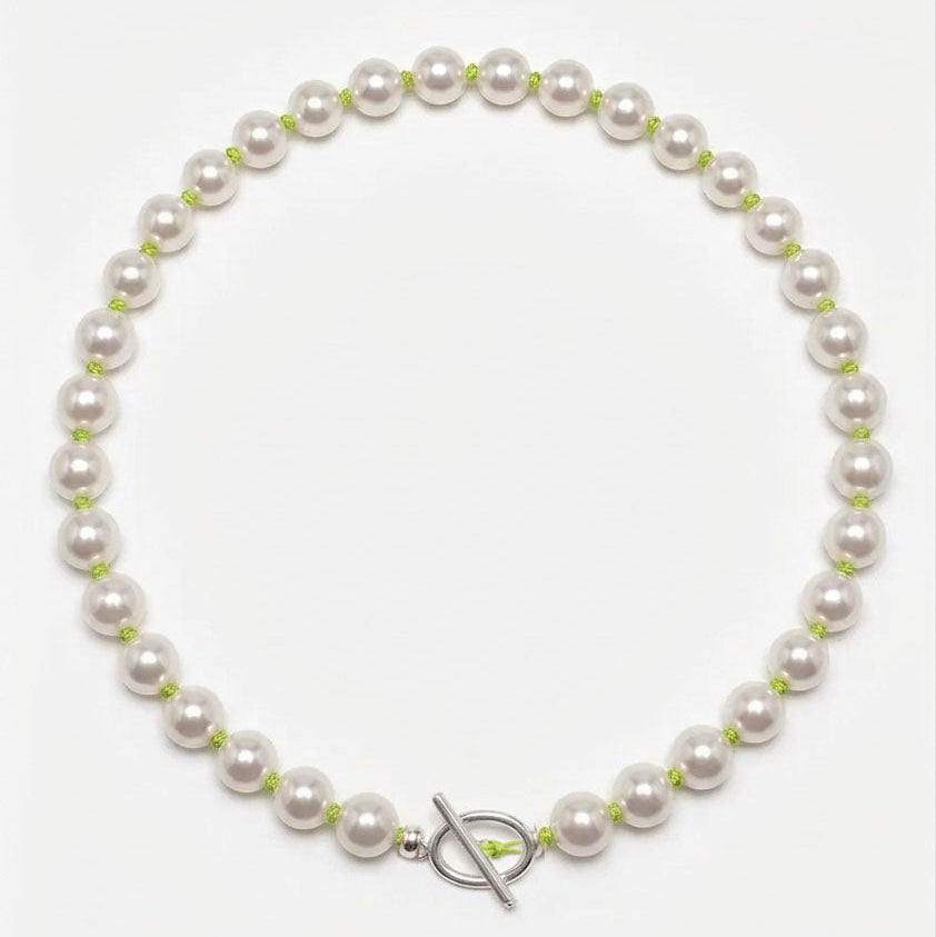 White Pearl Necklace Orange Knots - Austrian Crystal