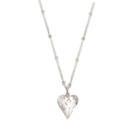 Heart-shaped faceted clear crystal pendant on a silver beaded chain – minimalist glam necklace. Desideri design