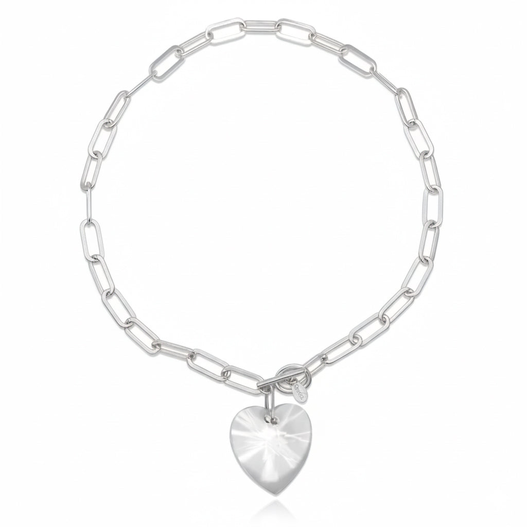 large clear heart crystal pendant on bold silver chain