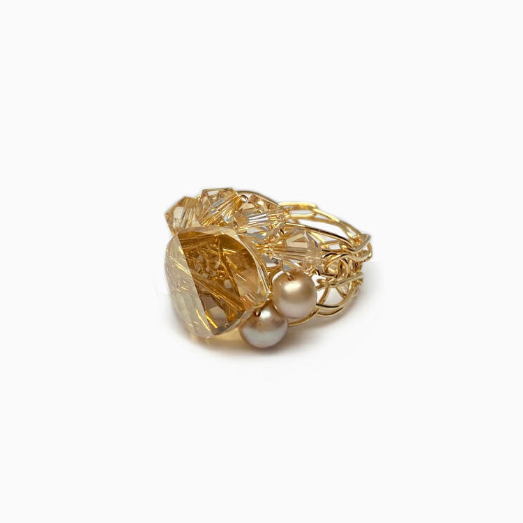 Champagne colored crystals and pearls gold ring by desideri design