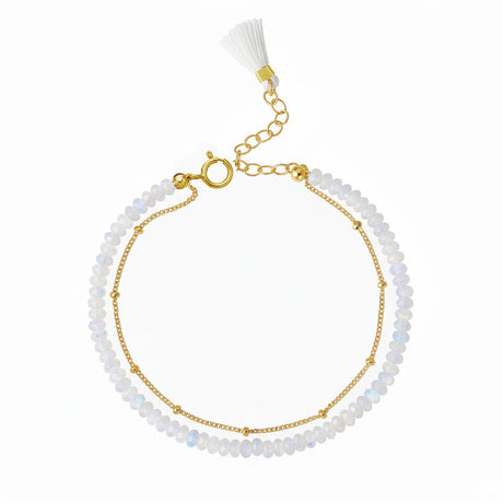Rainbow moonstones beads bracelets with gold details and white tassel