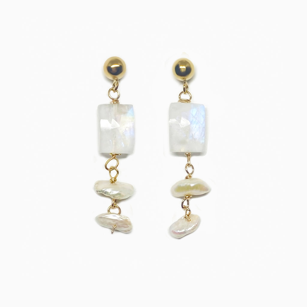 rainbow moonstone and fresh water pearls gold earrings