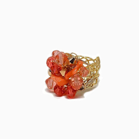 red coral 1/2 inch ring with crystals on gold band