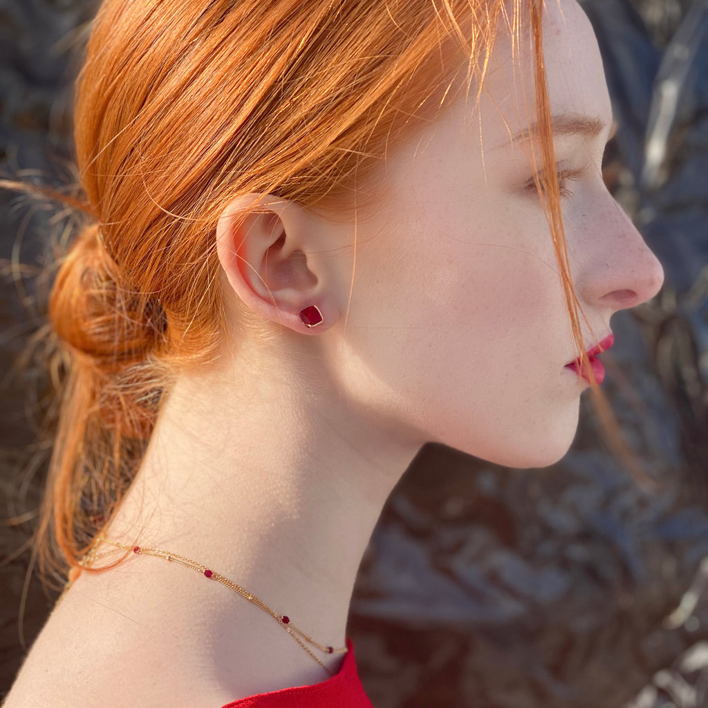 Geometric square ruby red studs