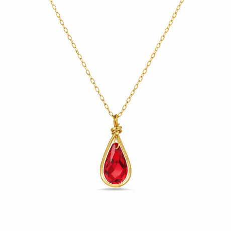 Desideri design gold and clear crystal drop necklace in ruby red. Valentine gift under $200.