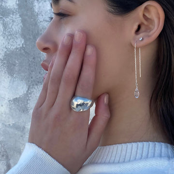 Silver threader earrings and organic shaped bold ring by Desideri design