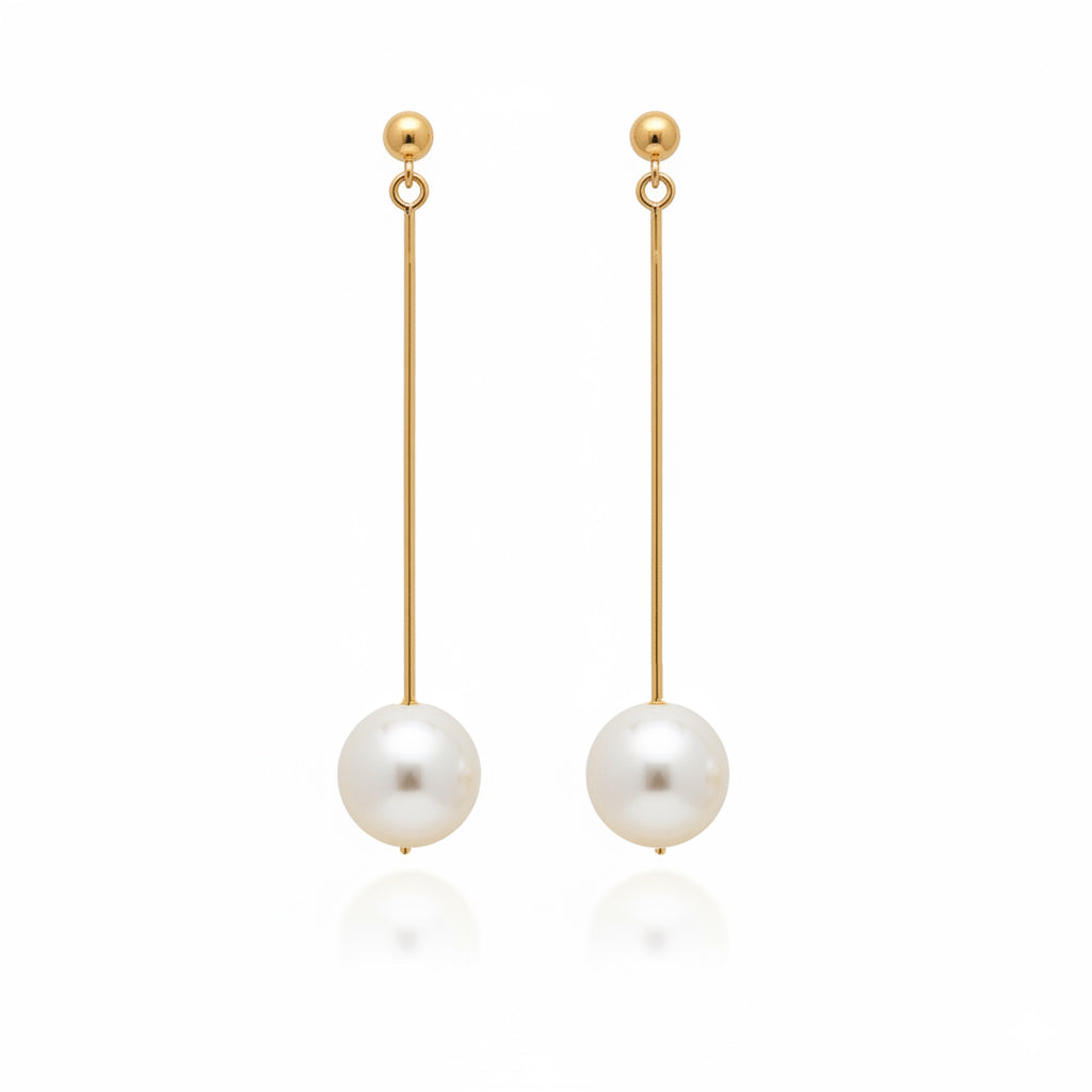 white pearl gold bar dangling earrings 