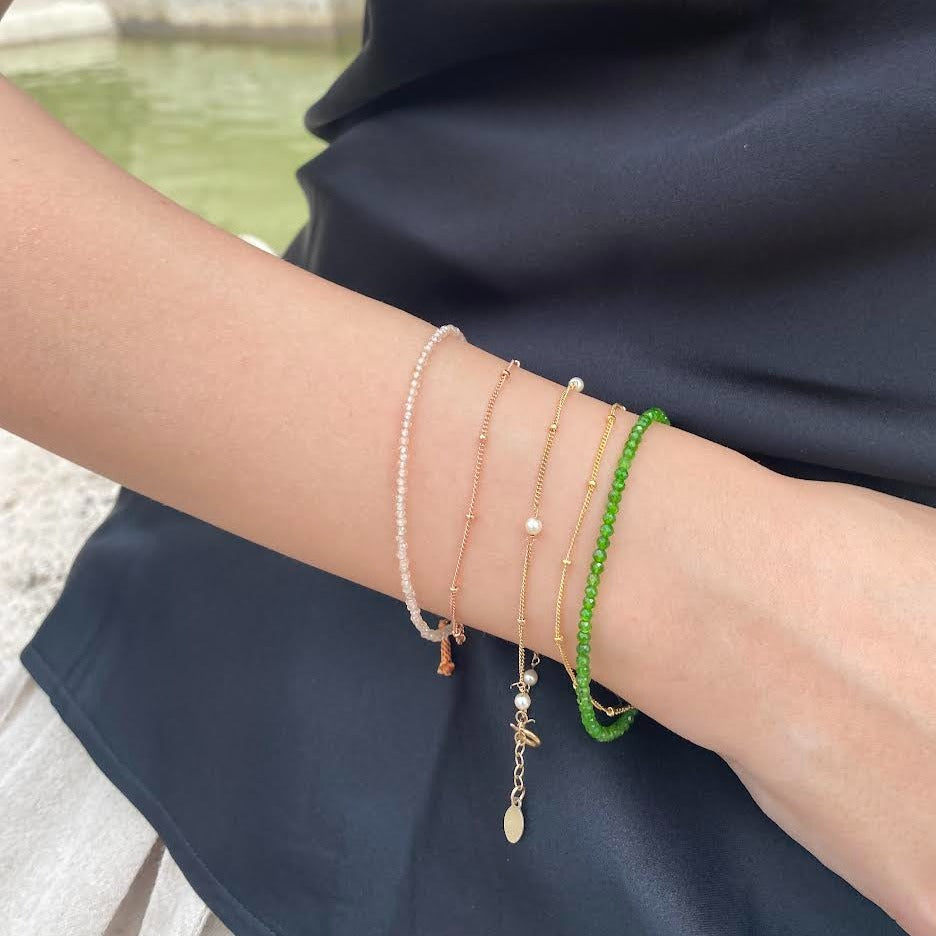 Green diopside gems gold filled double bracelet. Desideri design fine jewelry.