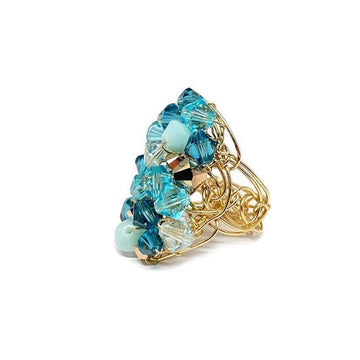 aquamarine and turquoise crystals gold cluster ring