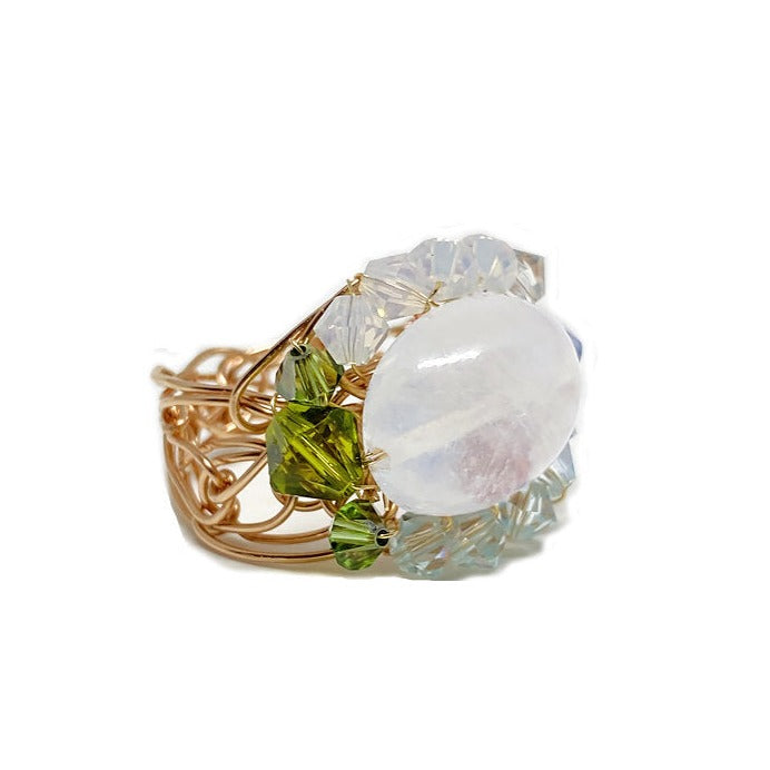 Rainbow moonstone and gold cluster ring