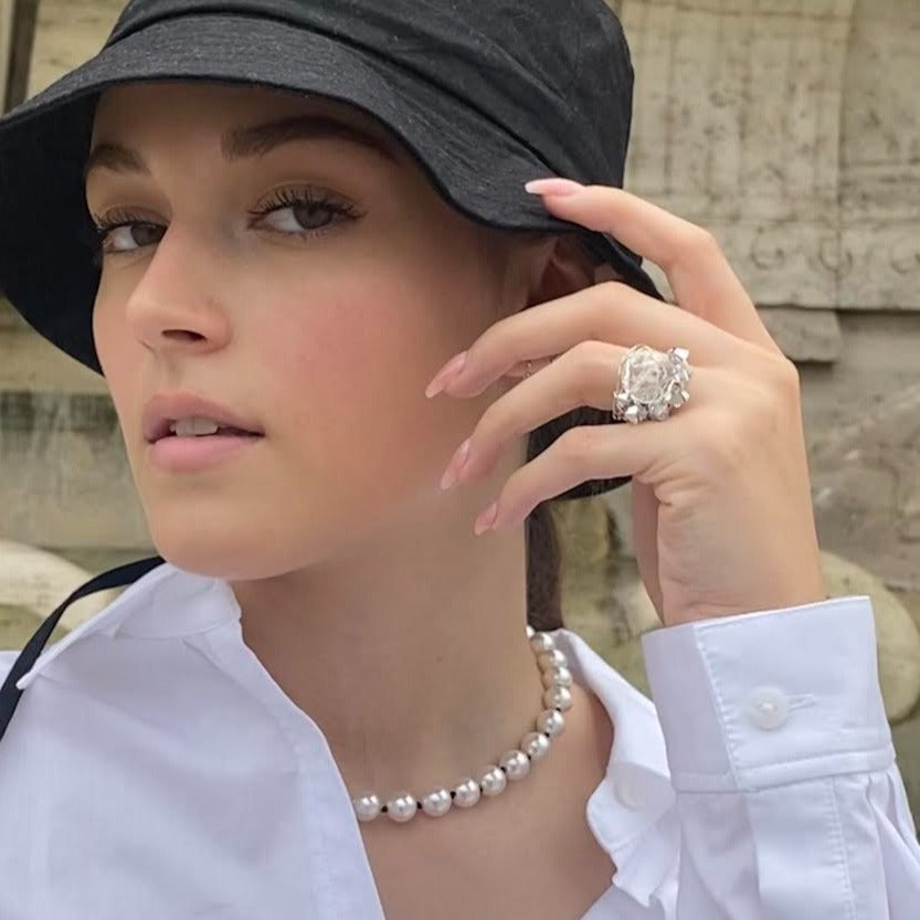 pearls necklace and crystal silver ring