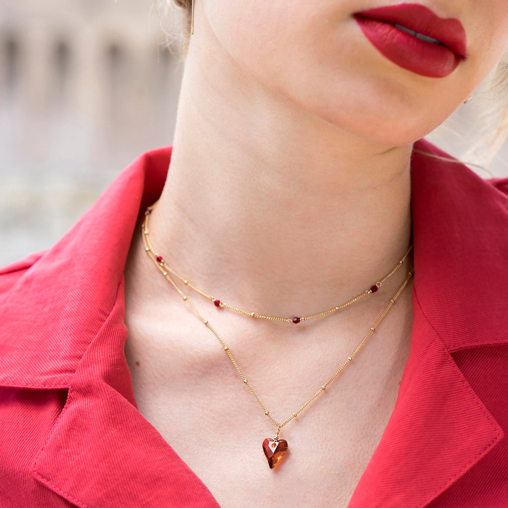 red heart necklace and ruby red satellite necklace