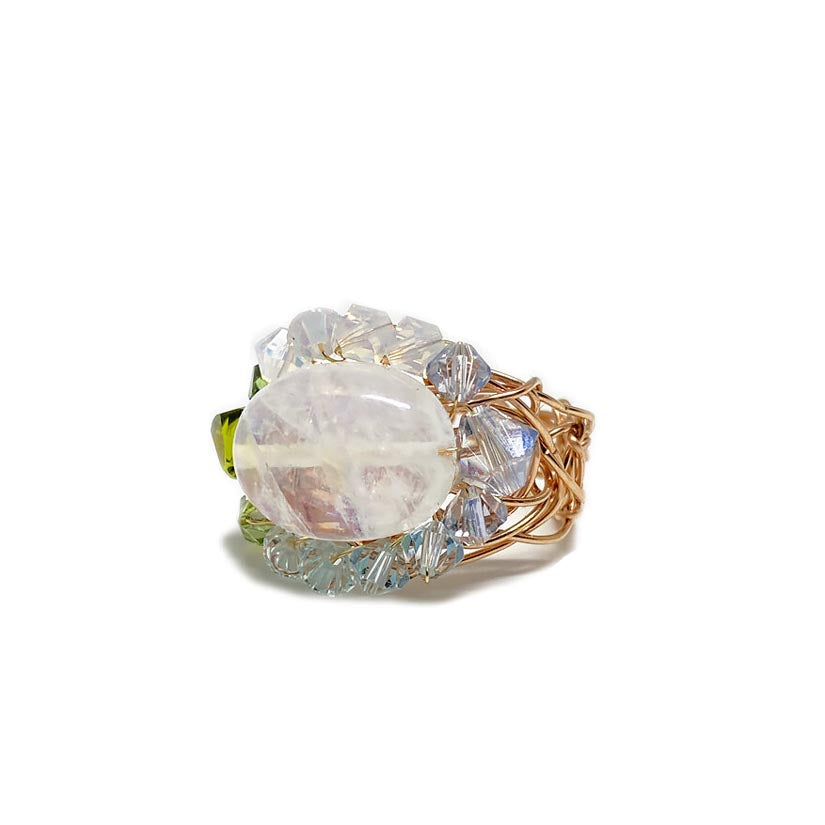 Rainbow moonstone and gold cluster ring