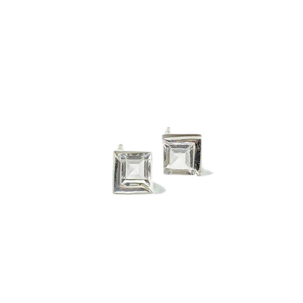 Clear topaz square shaped studs earrings in sterling silver